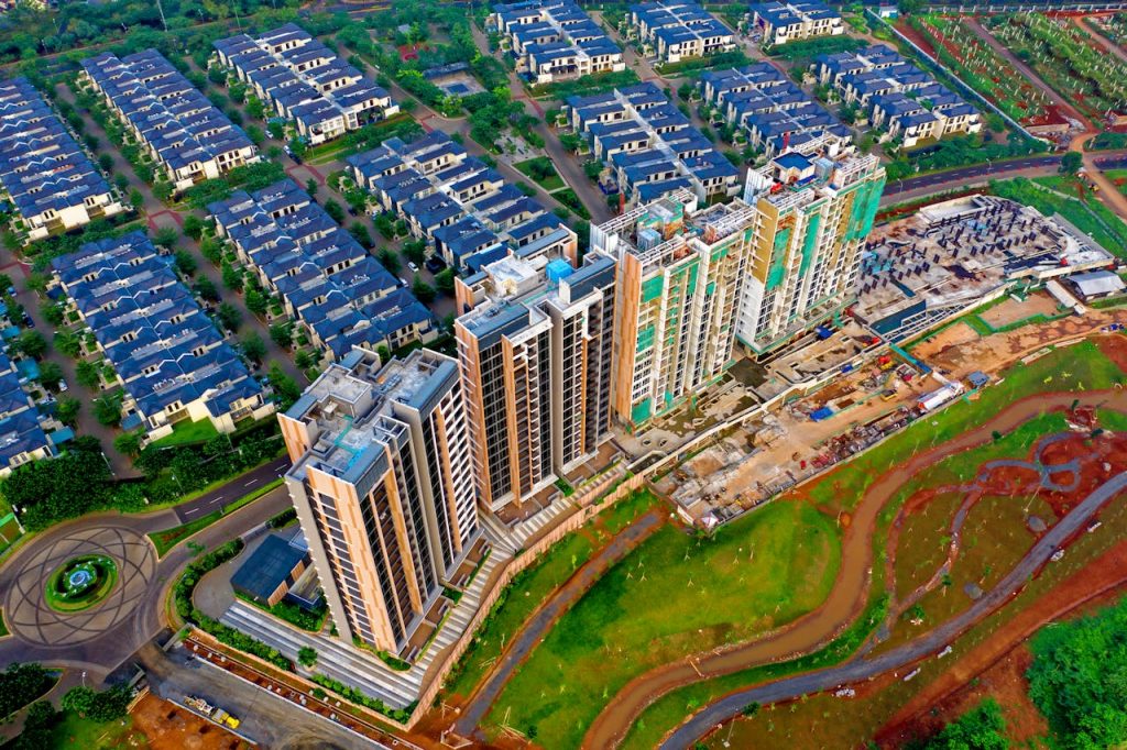 High-angle shot of modern apartments and housing in Sindang Jaya, Banten, Indonesia.